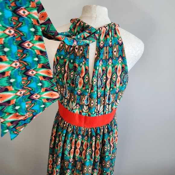 Eliza J Pleated Smocked Orange and Green Resort Maxi Dress - Picture 4 of 13